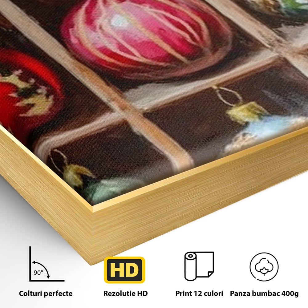 Detaliu al suprafetei: tablou canvas cu globuri de craciun pictate in cutie, in rama de aluminiu auriu