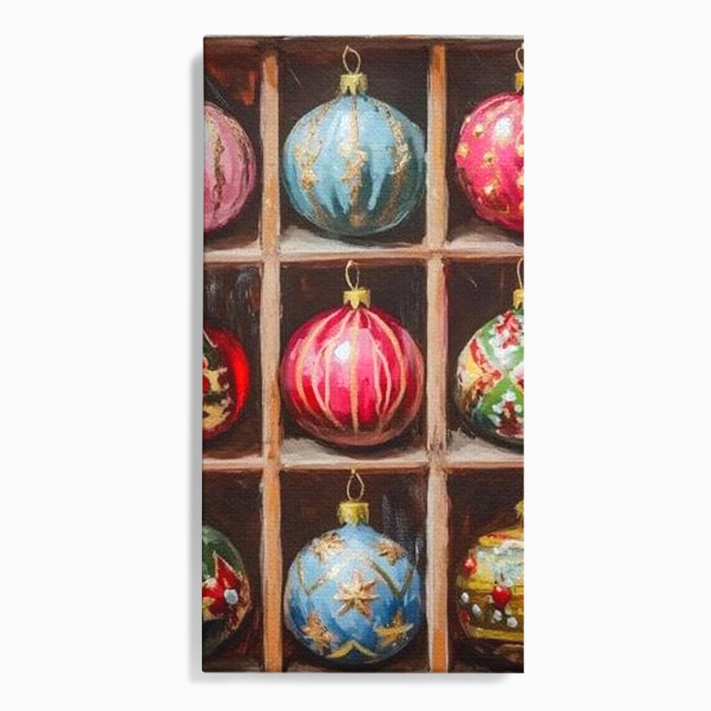 Tablou canvas cu tablou canvas cu globuri de craciun pictate in cutie, fara rama, pe sasiu de lemn