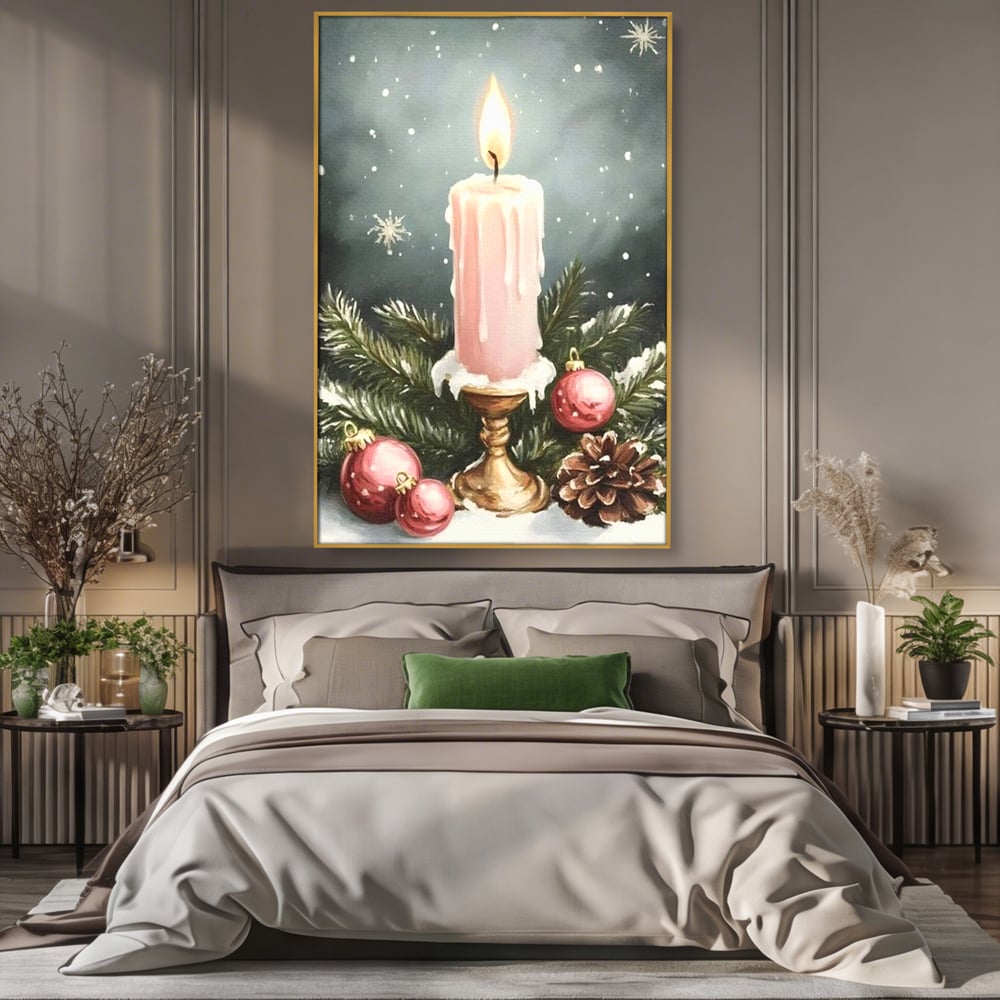 Tablou canvas cu tablou canvas cu lumanare roz si globuri, in rama de aluminiu auriu, pe perete intr-un dormitor