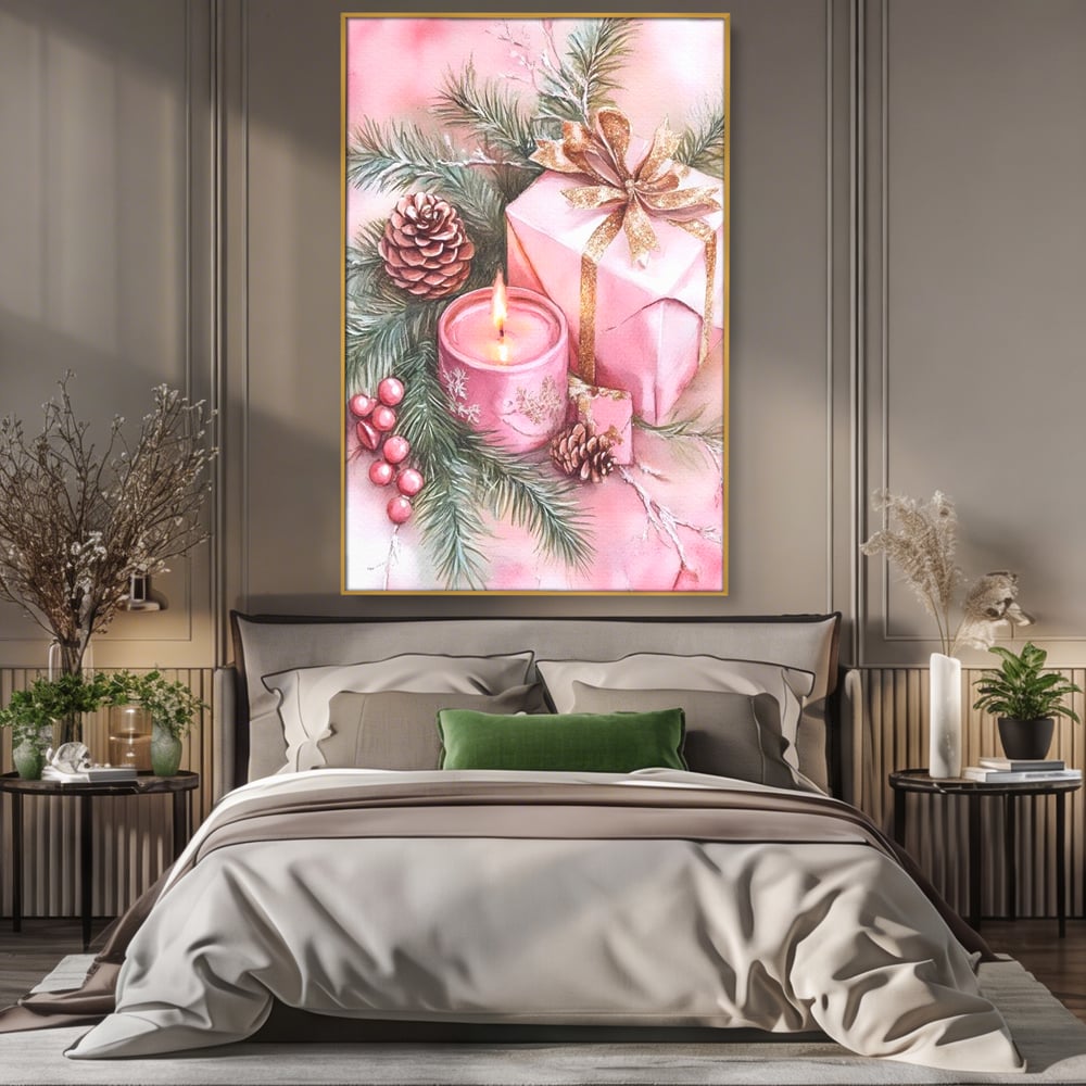 Tablou canvas cu ilustratie cu lumanare si cadou roz, in rama de aluminiu auriu, pe perete intr-un dormitor