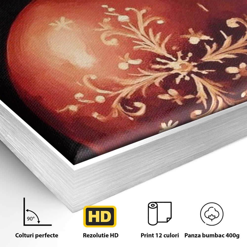 Detaliu al suprafetei: tablou canvas cu glob rosu de craciun, in rama de aluminiu argintiu