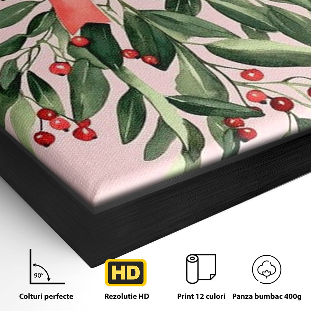 Detaliu al suprafetei: ilustratie digitala cu creanga de vasc agatata de o funda rosie, in rama de aluminiu negru
