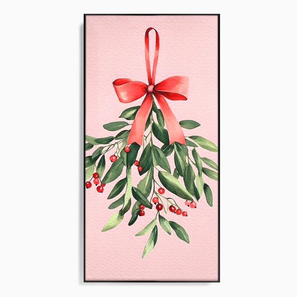 Tablou canvas cu ilustratie digitala cu creanga de vasc agatata de o funda rosie, in rama de aluminiu negru