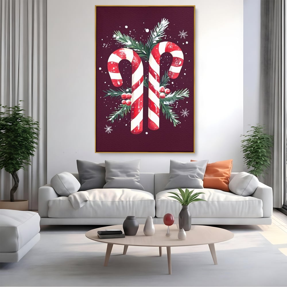 Tablou canvas cu tablou canvas cu bastonase de zahar, in rama de aluminiu auriu, pe perete intr-un living