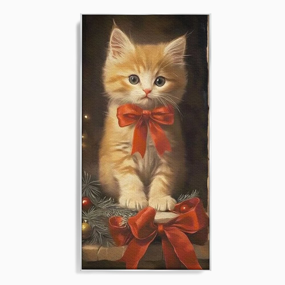Tablou canvas cu tablou canvas cu pisoi si funda rosie, in rama de aluminiu argintiu