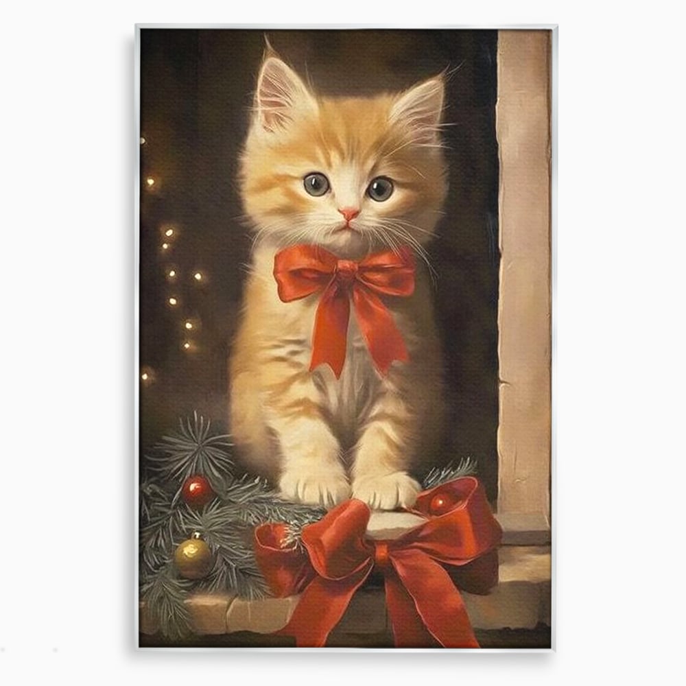 Tablou canvas cu tablou canvas cu pisoi si funda rosie, in rama de aluminiu argintiu