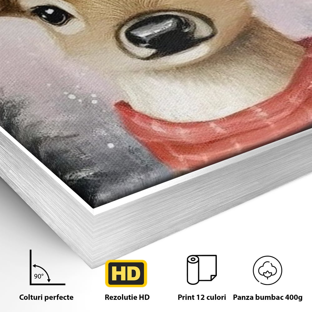 Detaliu al suprafetei: tablou canvas cu ren festiv, in rama de aluminiu argintiu