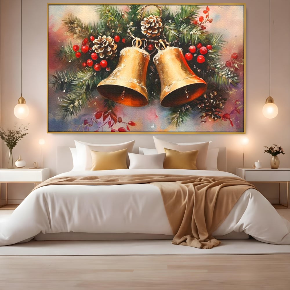 Tablou canvas cu tablou canvas cu clopotei aurii si conuri, in rama de aluminiu auriu, pe perete intr-un dormitor