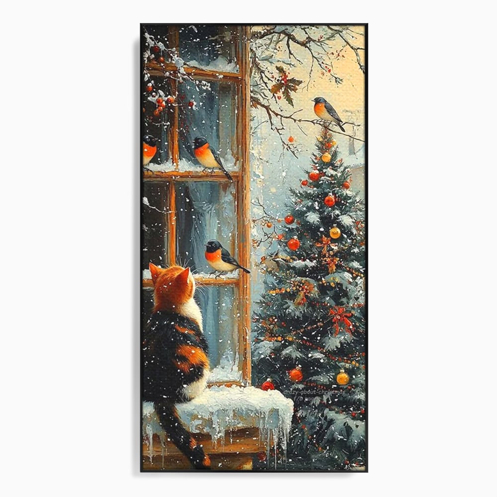 Tablou canvas cu tablou canvas cu pisica priveste pasari la fereastra, in rama de aluminiu negru