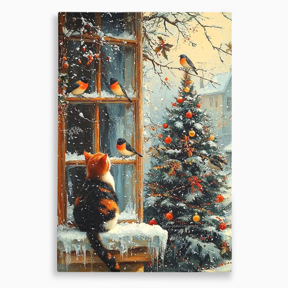 Tablou canvas cu tablou canvas cu pisica priveste pasari la fereastra, fara rama, pe sasiu de lemn