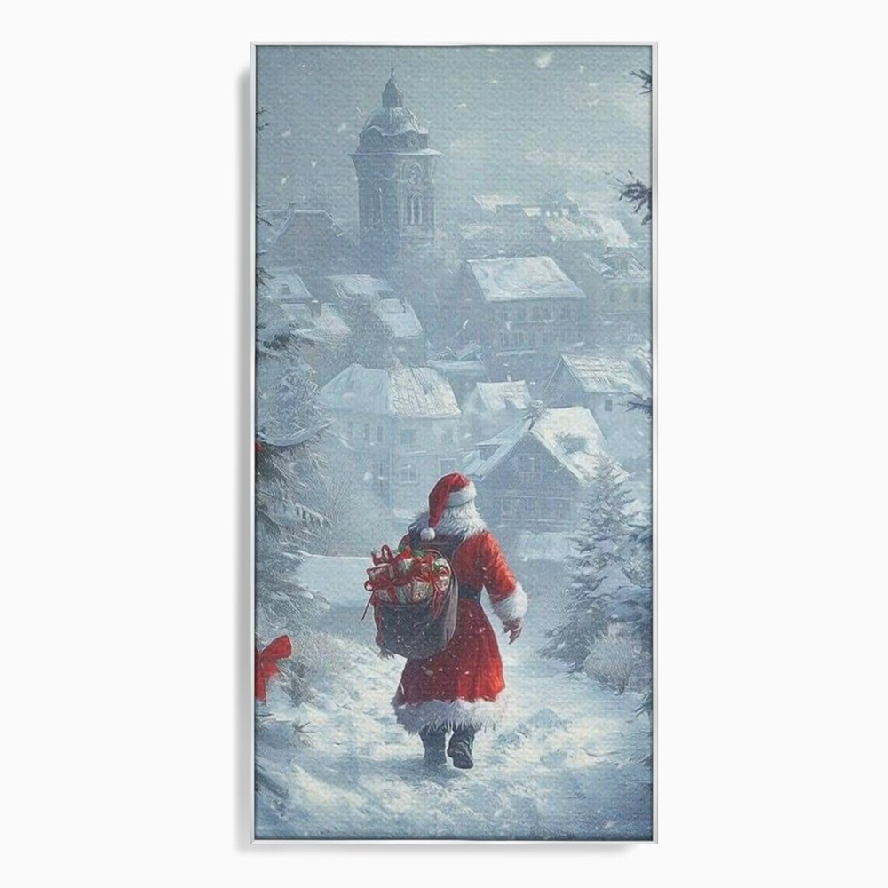 Tablou canvas cu mos craciun pe carare spre sat, in rama de aluminiu argintiu