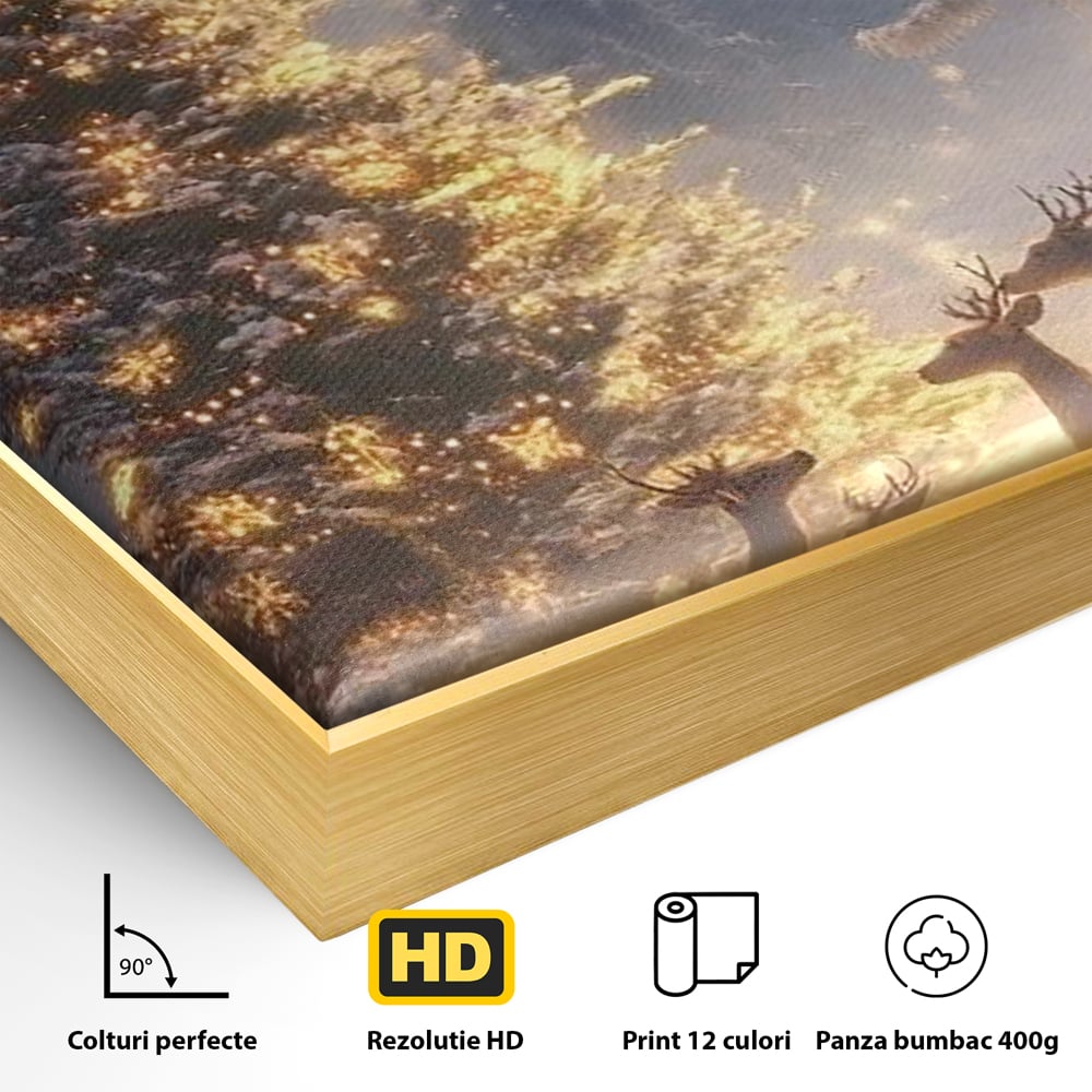 Detaliu al suprafetei: tablou canvas cu cerbi in noaptea de craciun, in rama de aluminiu auriu