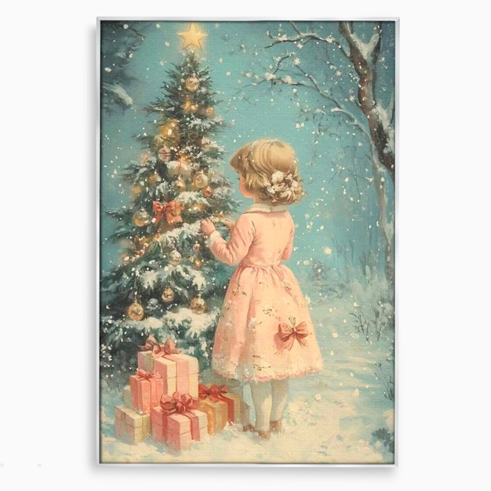 Tablou canvas cu ilustratie retro cu fetita langa bradul de craciun, in rama de aluminiu argintiu