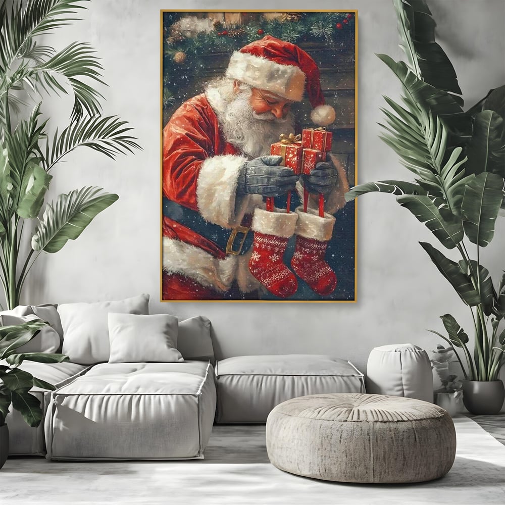 Tablou canvas cu ilustratie cu mos craciun tinand cadouri, in rama de aluminiu auriu, pe perete intr-un living