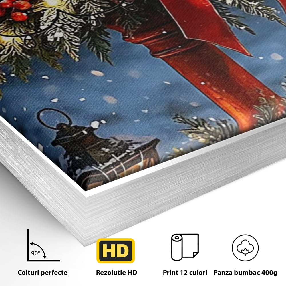 Detaliu al suprafetei: tablou canvas cu cutie postala rosie pentru mos craciun, in rama de aluminiu argintiu