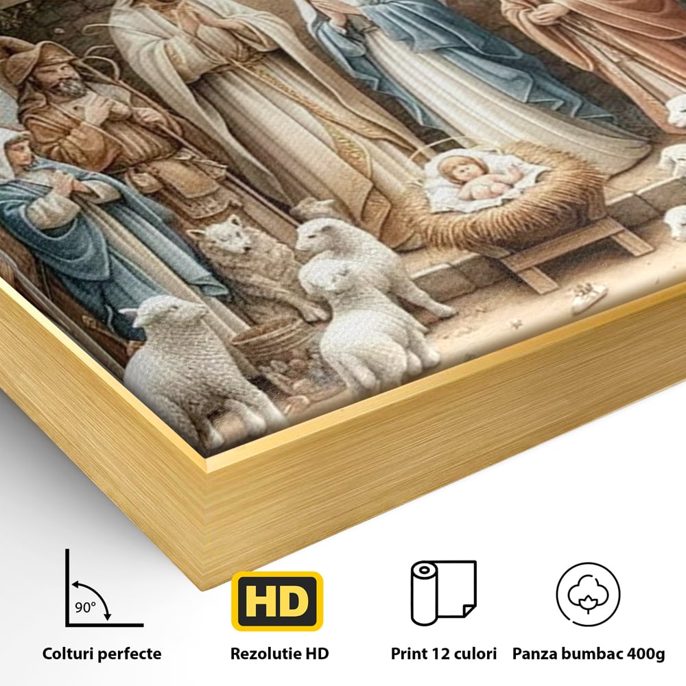 Detaliu al suprafetei: ilustratie religioasa cu scena nasterii domnului, in rama de aluminiu auriu