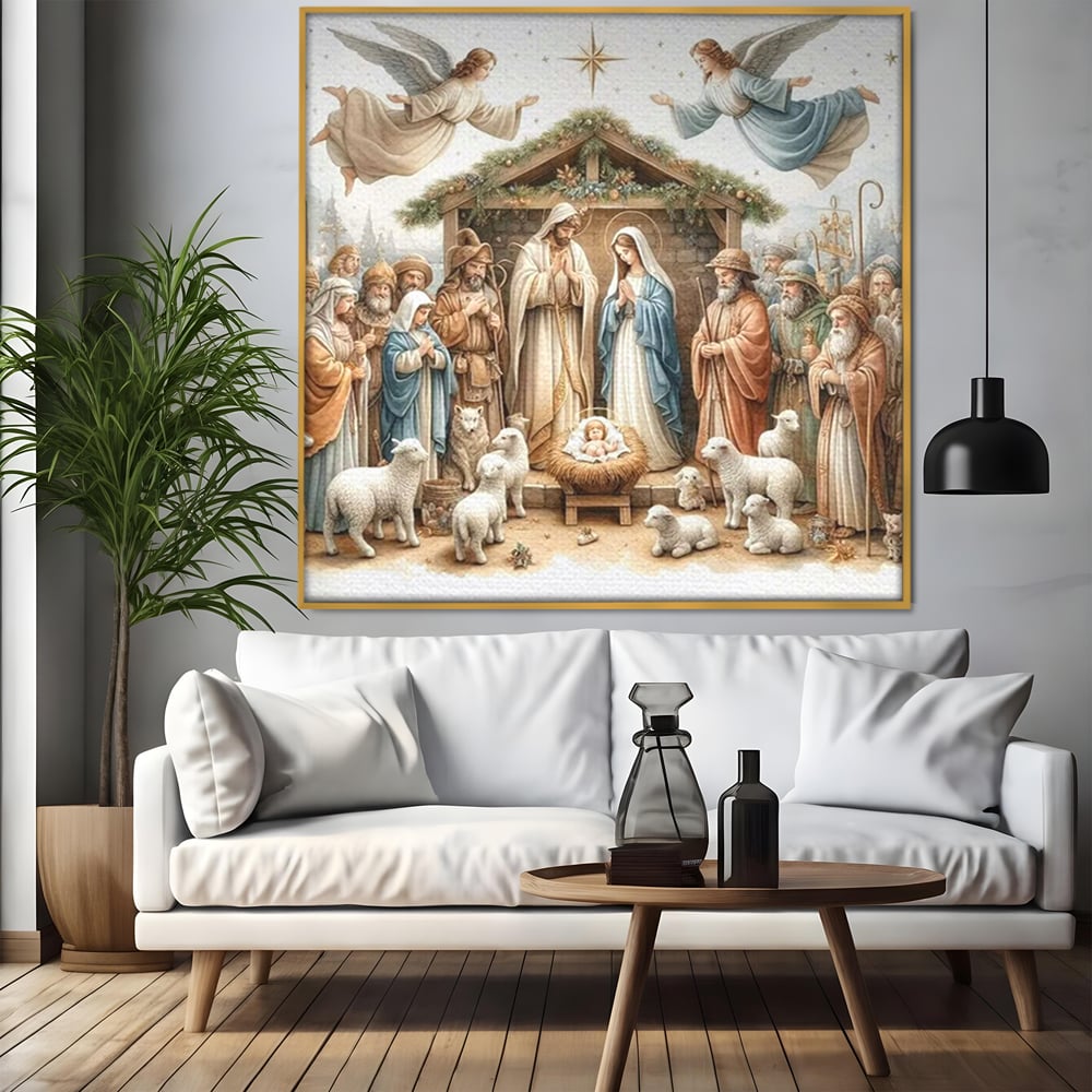 Tablou canvas cu ilustratie religioasa cu scena nasterii domnului, in rama de aluminiu auriu, pe perete intr-un living