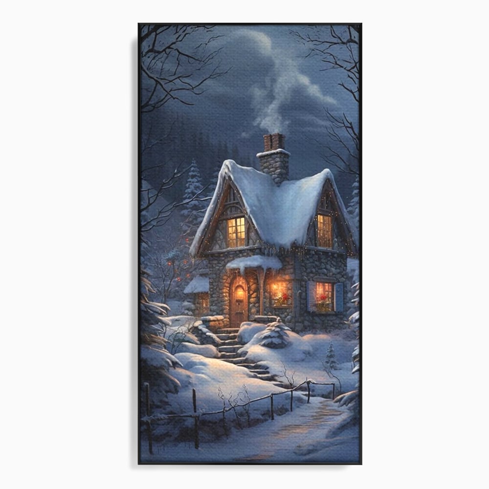 Tablou canvas cu tablou canvas cu cabana pe timp de iarna, in rama de aluminiu negru