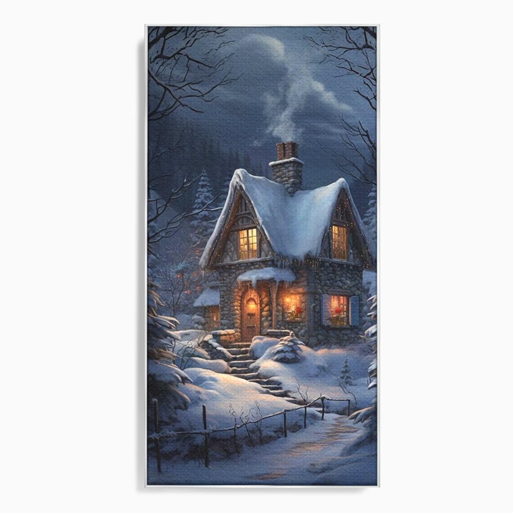 Tablou canvas cu tablou canvas cu cabana pe timp de iarna, in rama de aluminiu argintiu