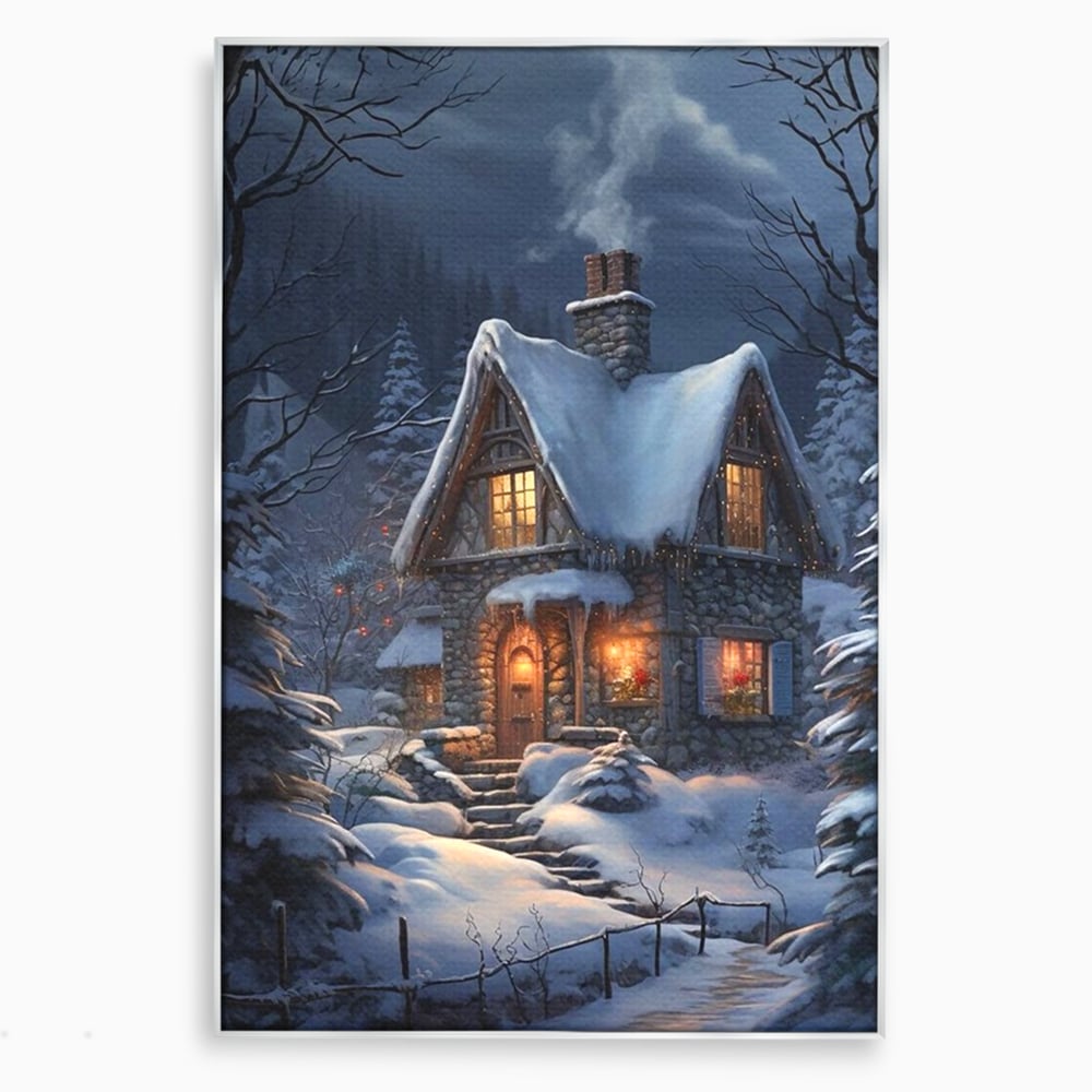 Tablou canvas cu tablou canvas cu cabana pe timp de iarna, in rama de aluminiu argintiu