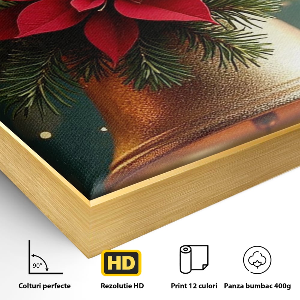 Detaliu al suprafetei: tablou canvas cu clopotel si poinsettia, in rama de aluminiu auriu