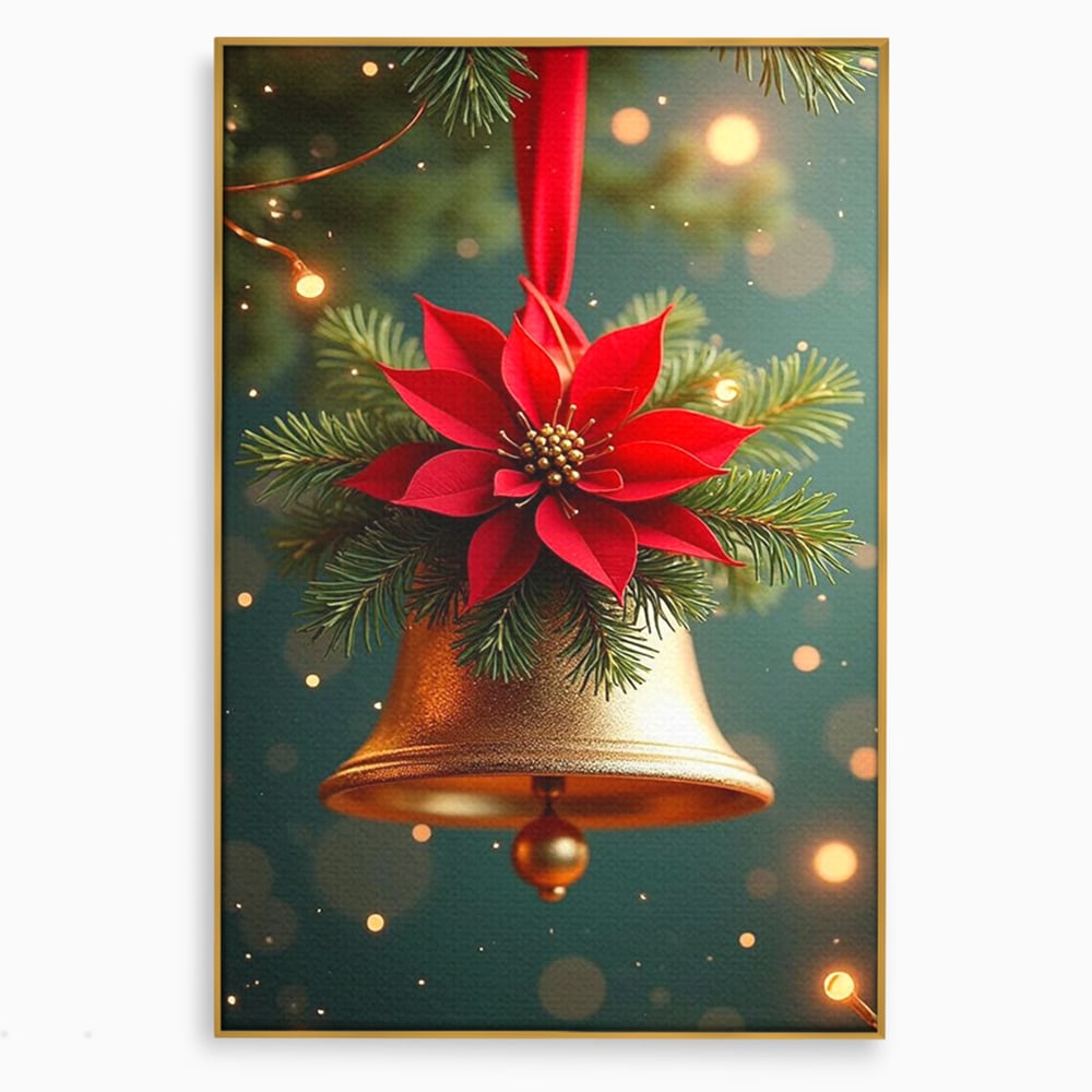Tablou canvas cu tablou canvas cu clopotel si poinsettia, in rama de aluminiu auriu