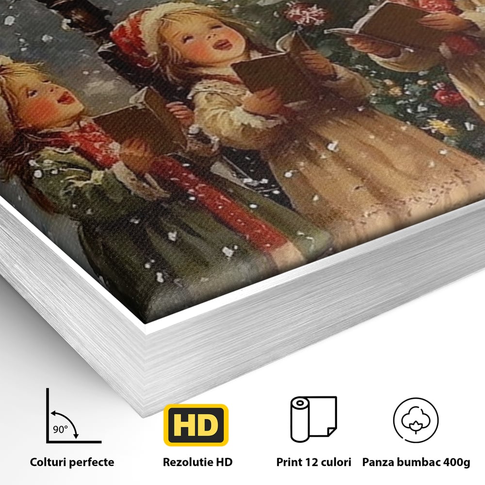 Detaliu al suprafetei: pictura cu trei fetite colindatoare, in rama de aluminiu argintiu
