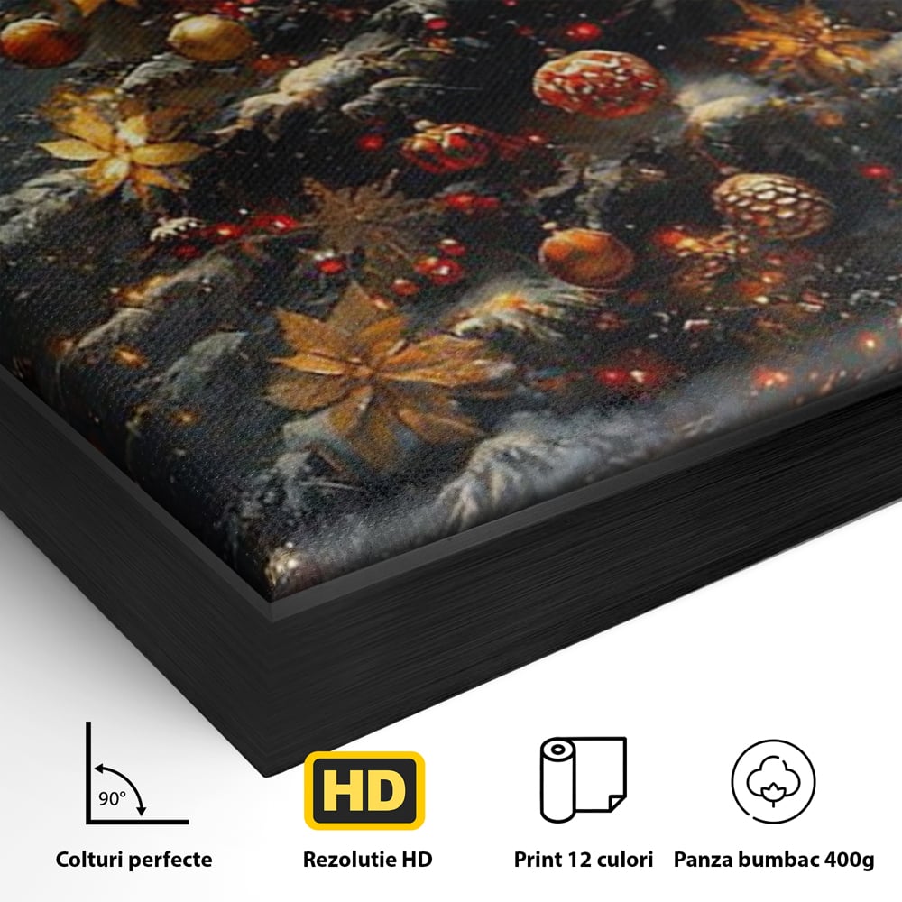 Detaliu al suprafetei: tablou canvas cu brad de craciun luminat, in rama de aluminiu negru
