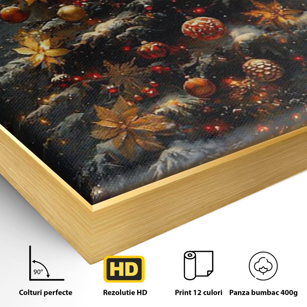 Detaliu al suprafetei: tablou canvas cu brad de craciun luminat, in rama de aluminiu auriu