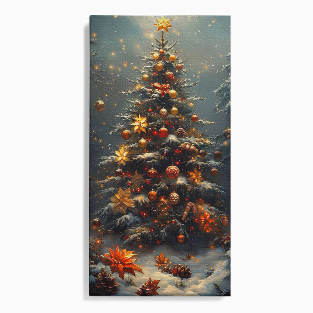 Tablou canvas cu tablou canvas cu brad de craciun luminat, fara rama, pe sasiu de lemn
