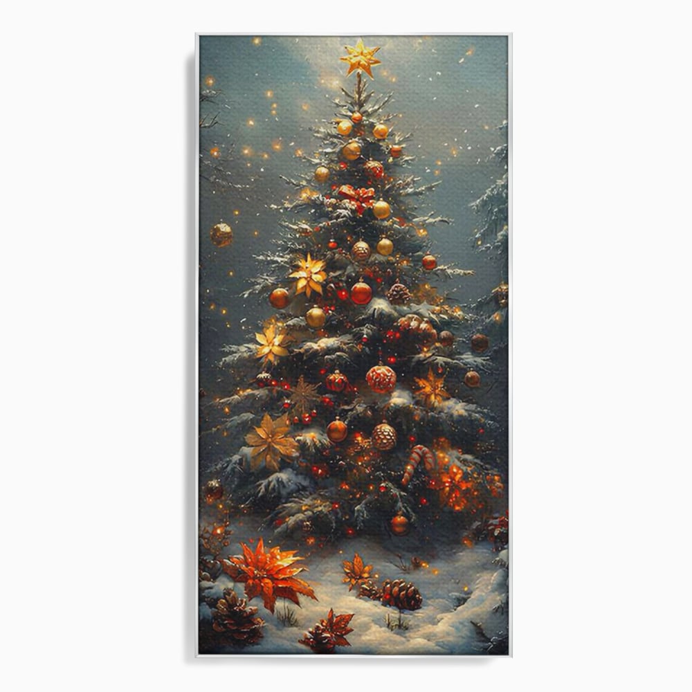 Tablou canvas cu tablou canvas cu brad de craciun luminat, in rama de aluminiu argintiu