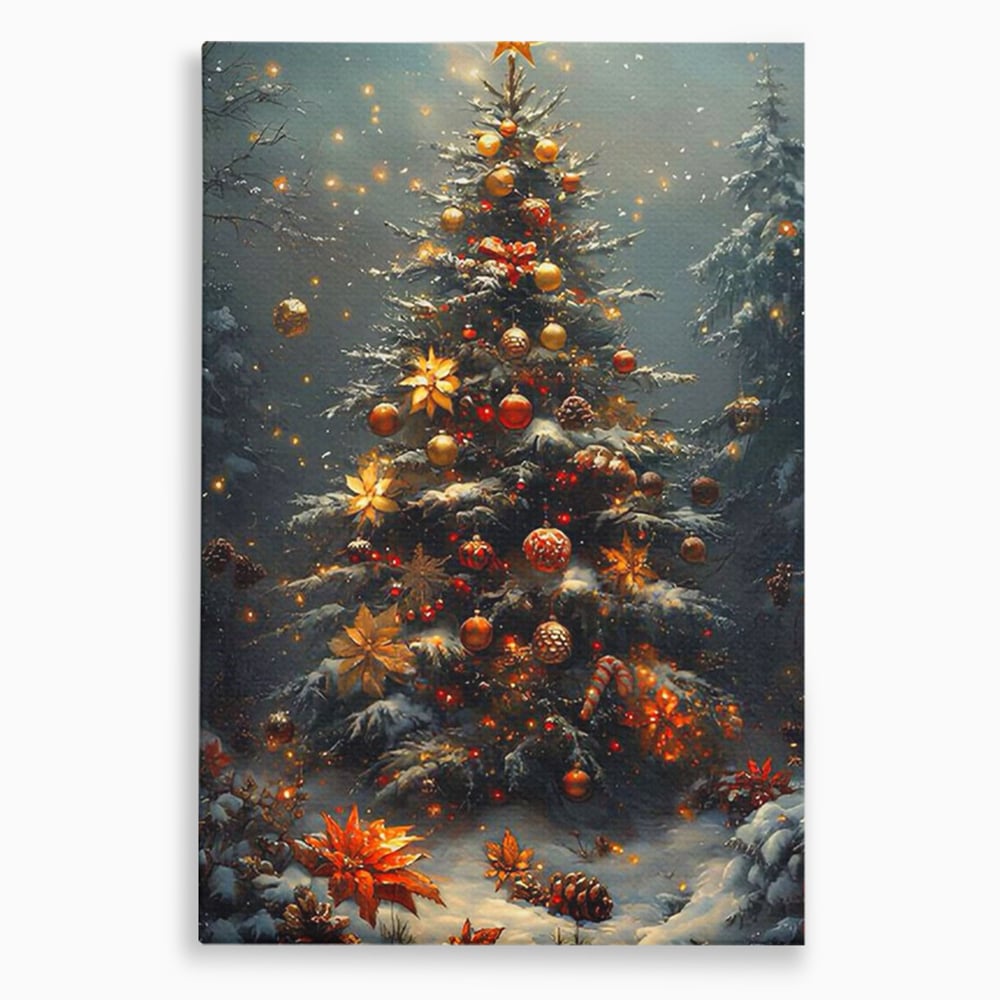 Tablou canvas cu tablou canvas cu brad de craciun luminat, fara rama, pe sasiu de lemn