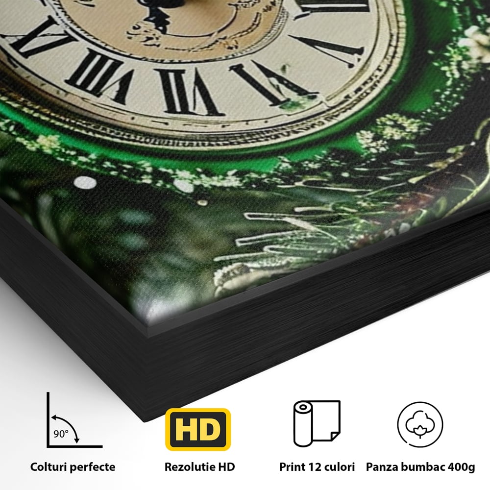 Detaliu al suprafetei: tablou canvas cu ceasornic verde smarald, in rama de aluminiu negru