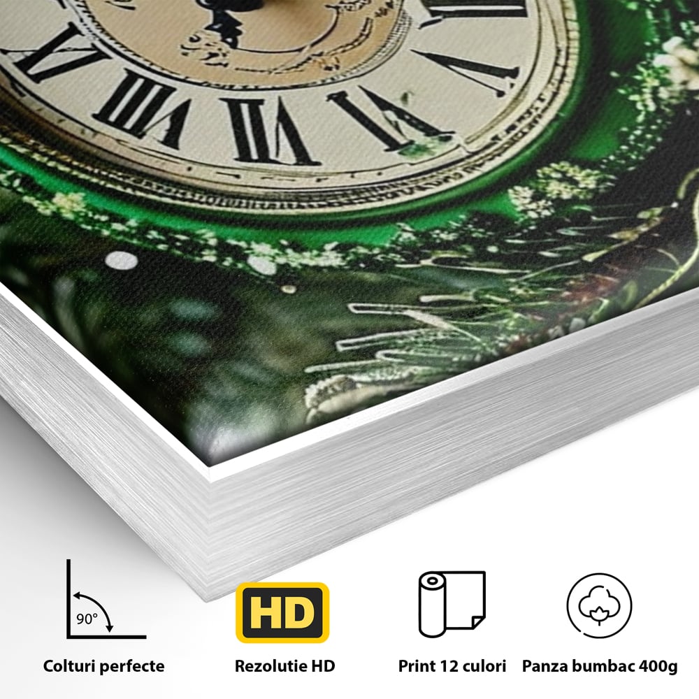 Detaliu al suprafetei: tablou canvas cu ceasornic verde smarald, in rama de aluminiu argintiu