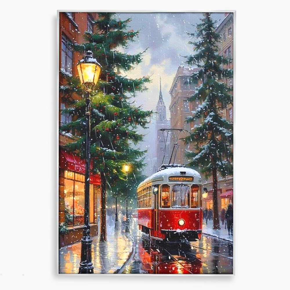 Tablou canvas cu pictura cu tramvai rosu in ninsoare, in rama de aluminiu argintiu
