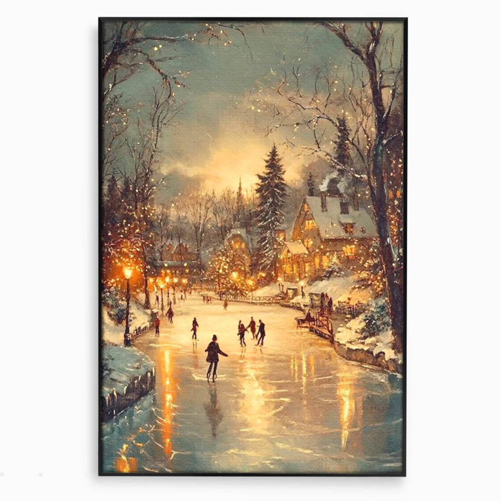 Tablou canvas cu pictura cu patinatori pe gheata de iarna, in rama de aluminiu negru