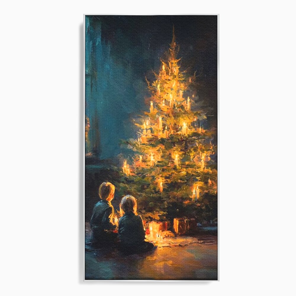 Tablou canvas cu pictura copii brad de craciun, in rama de aluminiu argintiu