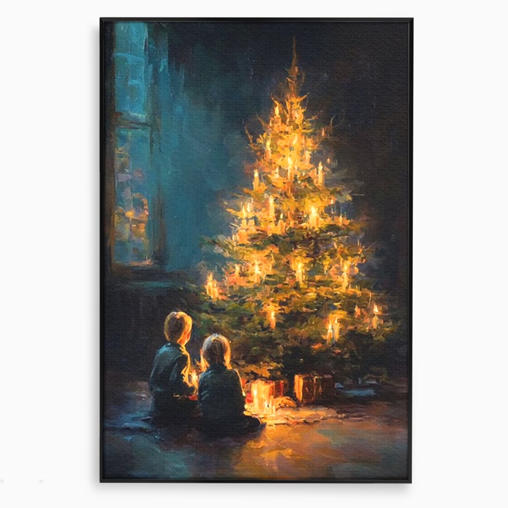Tablou canvas cu pictura copii brad de craciun, in rama de aluminiu negru