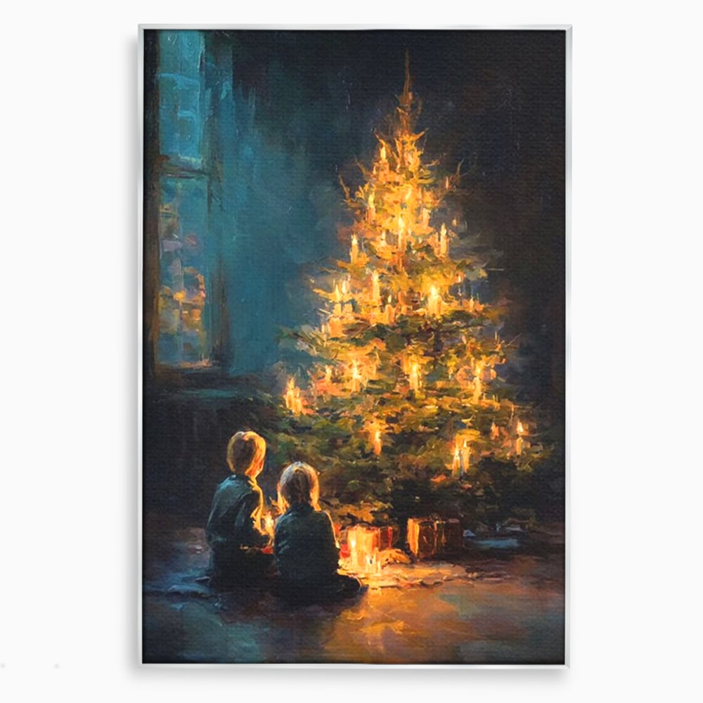 Tablou canvas cu pictura copii brad de craciun, in rama de aluminiu argintiu