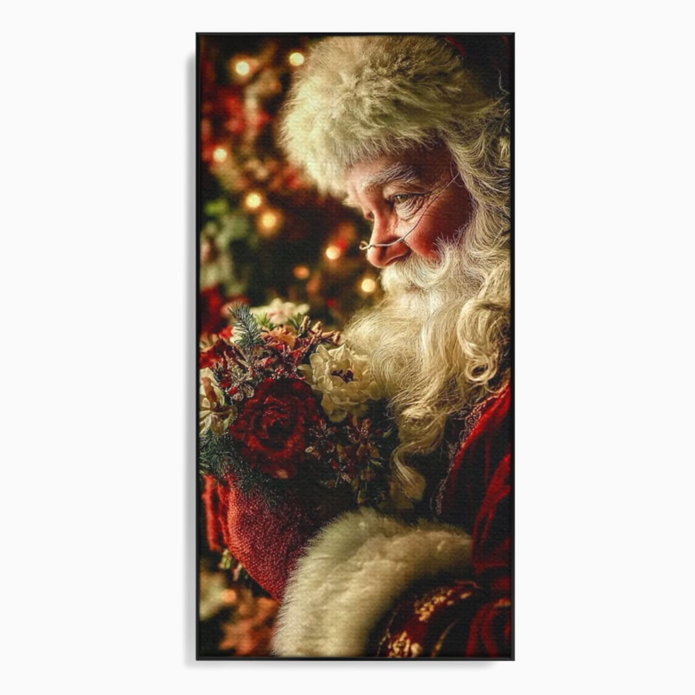 Tablou canvas cu portret ilustrativ cu mos craciun, in rama de aluminiu negru