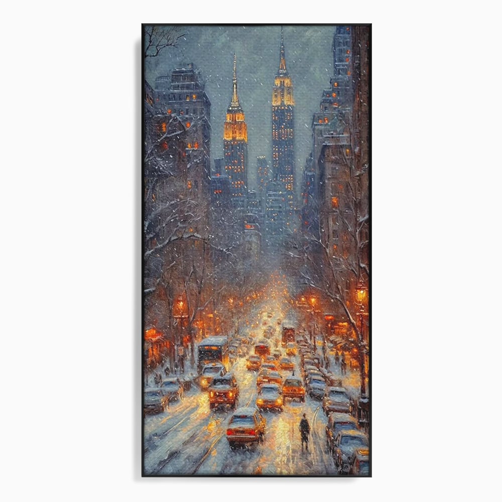 Tablou canvas cu pictura cu bulevard inzapezit si masini, in rama de aluminiu negru