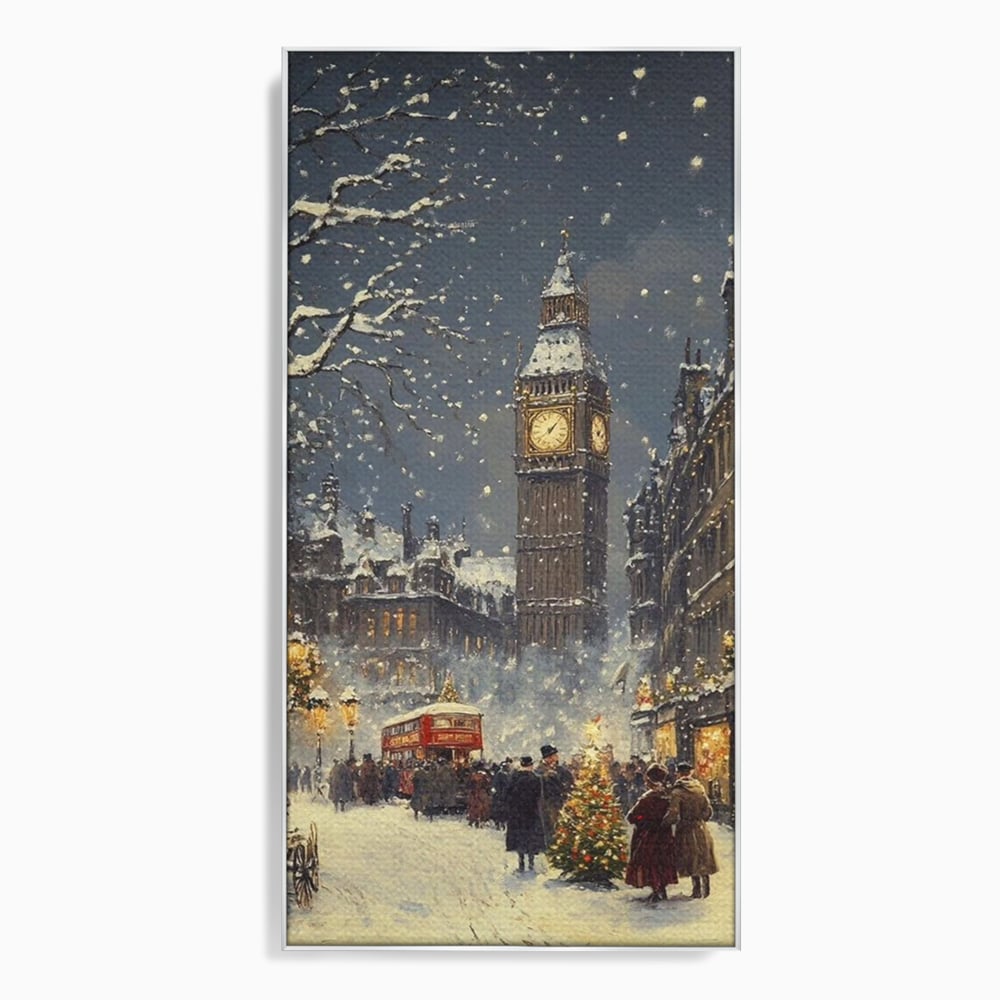 Tablou canvas cu ilustratie iarna cu turnul ceasului, in rama de aluminiu argintiu