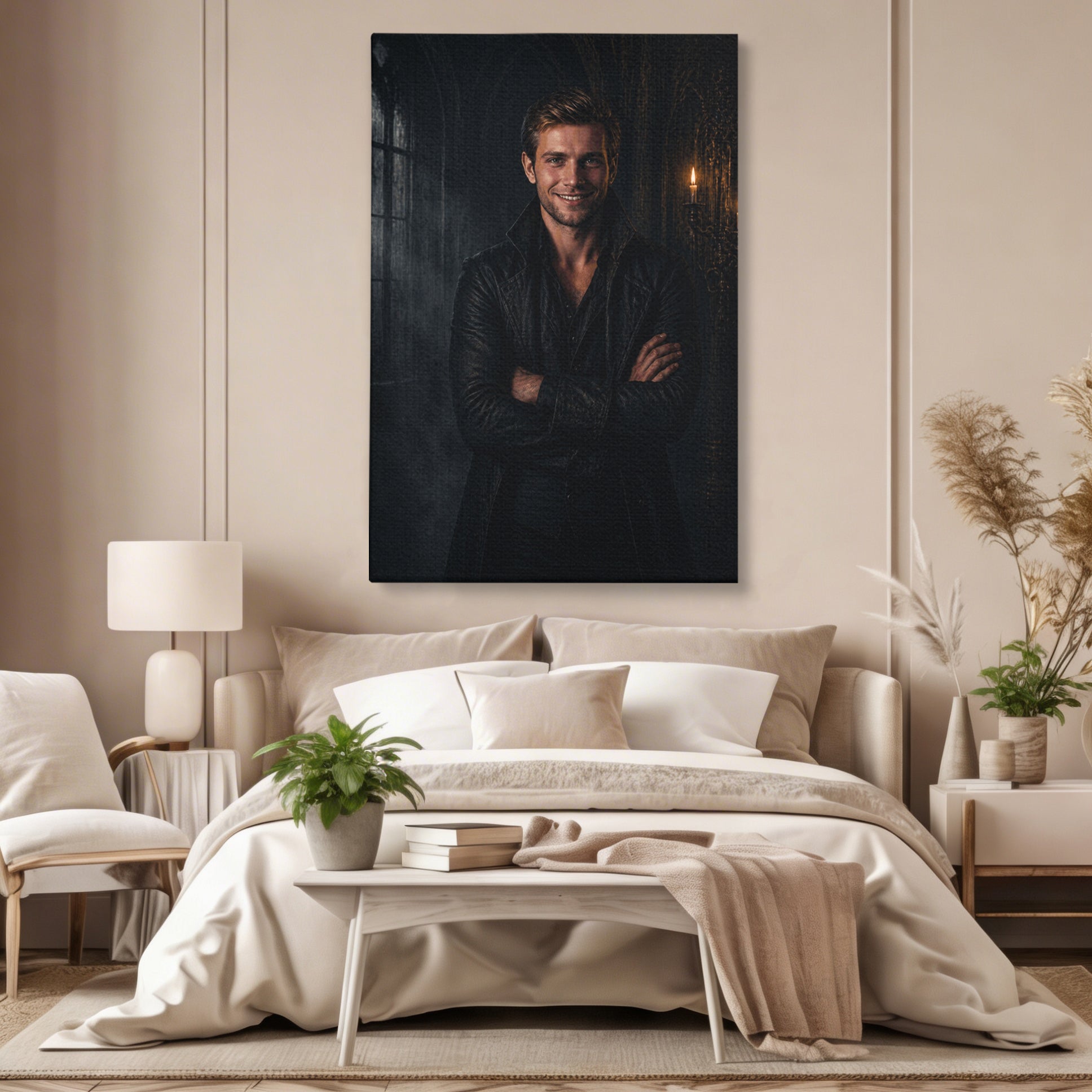 Tablou canvas cu tablou portret barbat gotic, pe perete intr-un dormitor