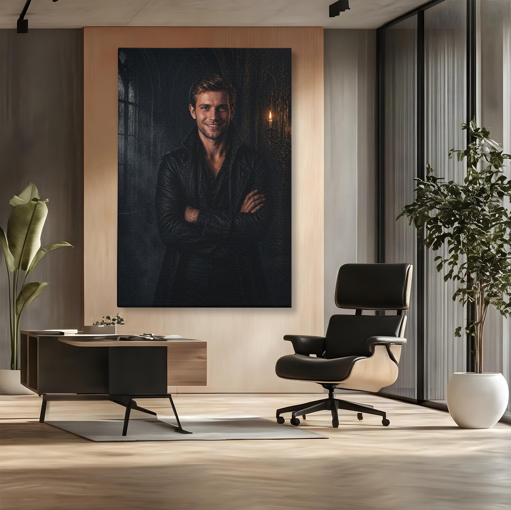 Tablou canvas cu tablou portret barbat gotic, pe perete intr-un birou