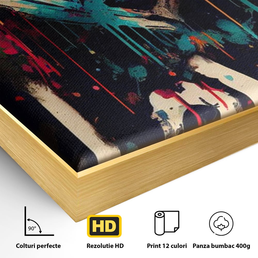 Detaliu al suprafetei: tablou canvas cu inima graffiti si cuvantul love, in rama de aluminiu auriu