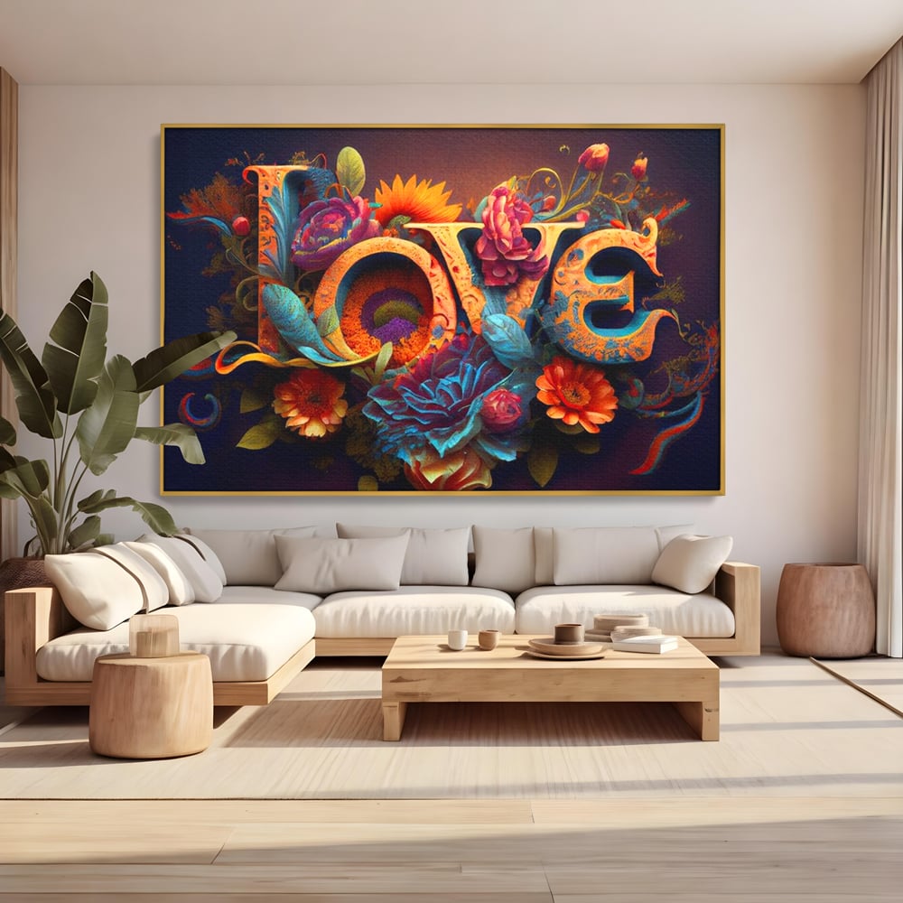 Tablou canvas cu tablou canvas cu litere florale stilizate, in rama de aluminiu auriu, pe perete intr-un living