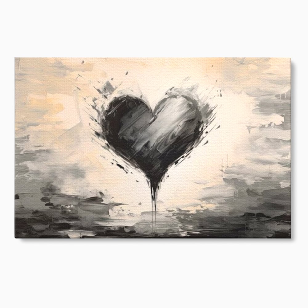 Tablou canvas cu tablou abstract cu inima neagra, fara rama, pe sasiu de lemn