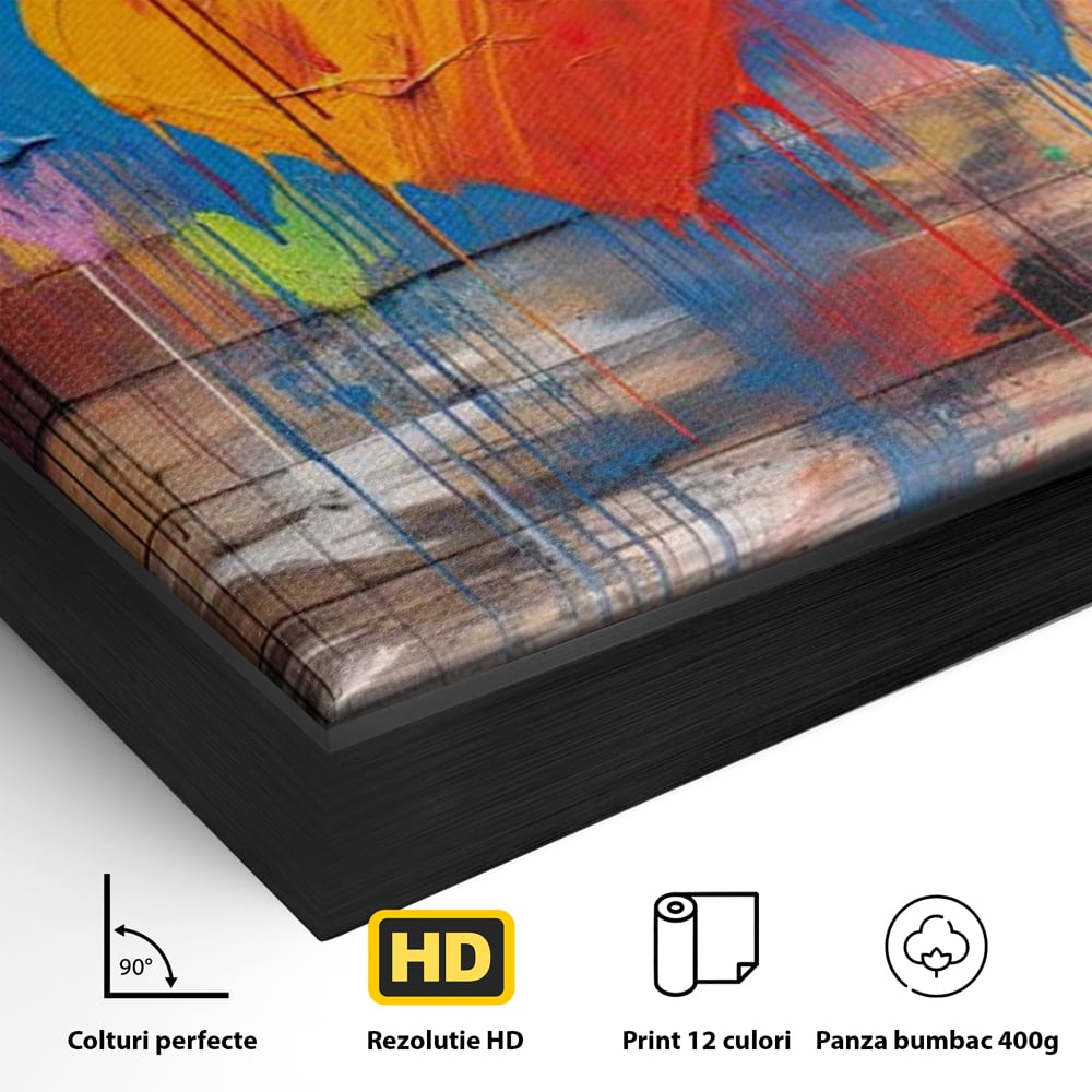 Detaliu al suprafetei: tablou cu inimi colorate pe scanduri, in rama de aluminiu negru