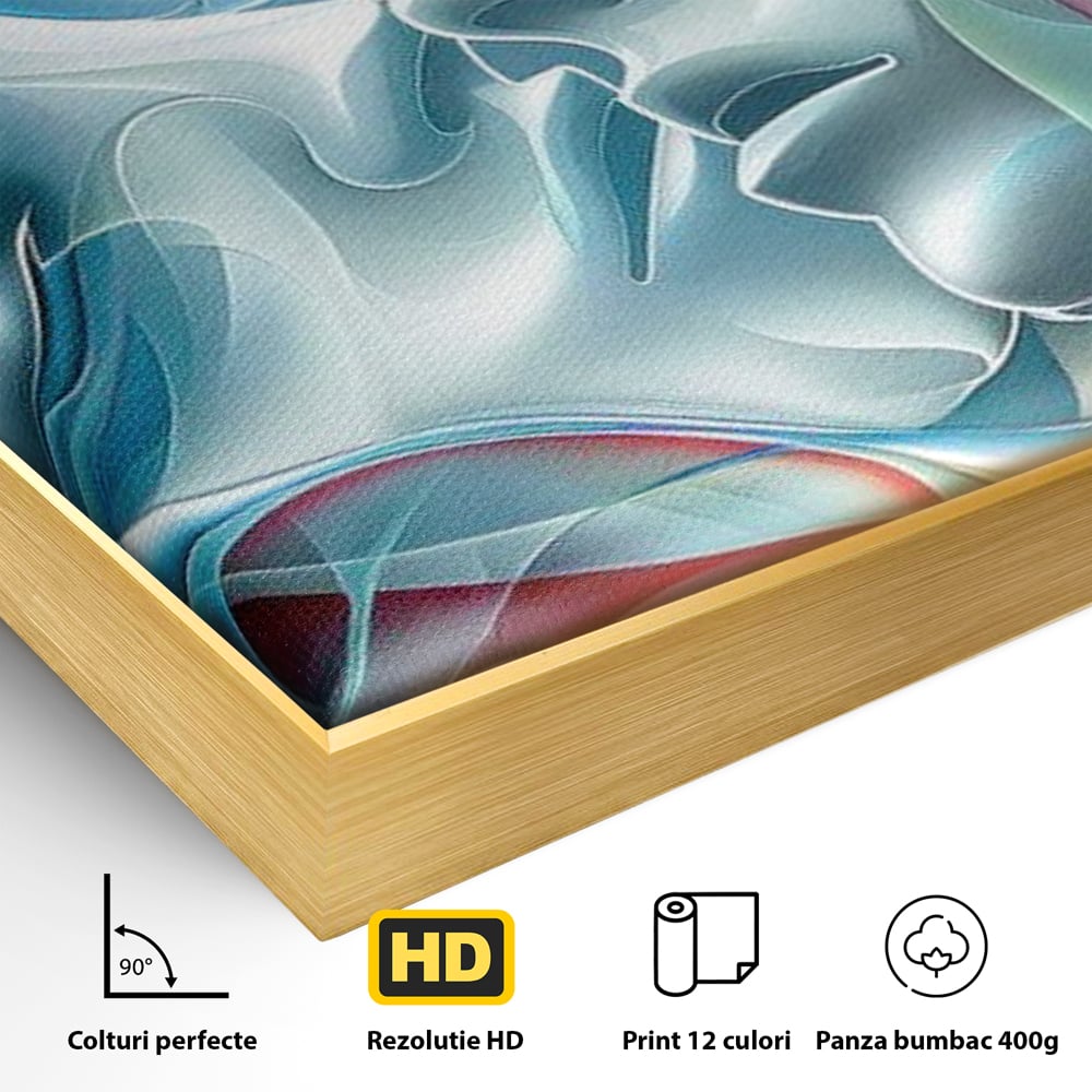 Detaliu al suprafetei: tablou canvas cu chipuri umane contopite, in rama de aluminiu auriu