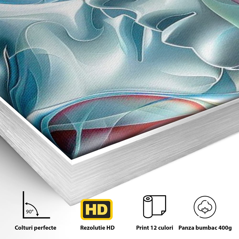 Detaliu al suprafetei: tablou canvas cu chipuri umane contopite, in rama de aluminiu argintiu